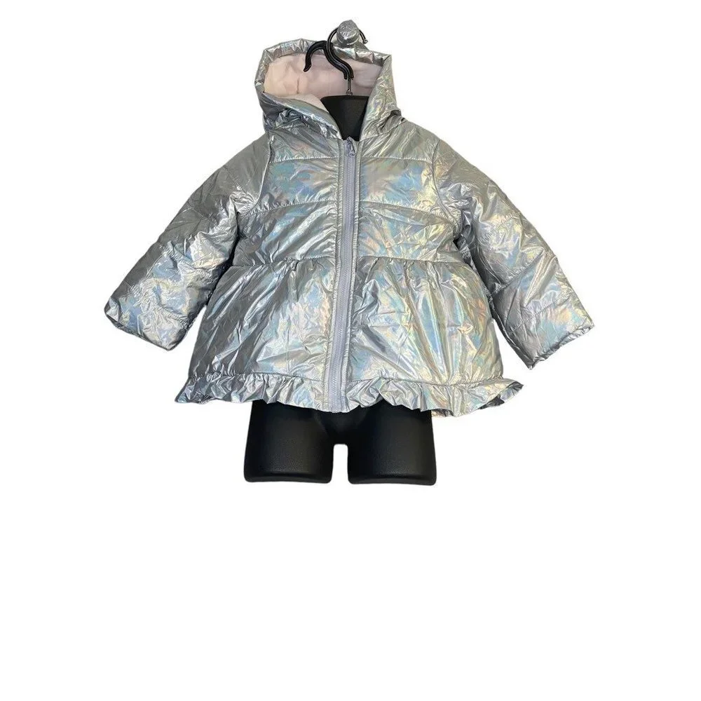 First Impressions Girls Puffer Jacket Silver Hooded Long Sleeve Zipper 24M‎ New